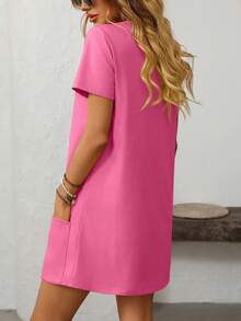 GoyRrbay Women's Fashion Dress Solid Color Square Neck Short Sleeve Casual Mini Dress With Pockets - 玫紅色 - 查看 2