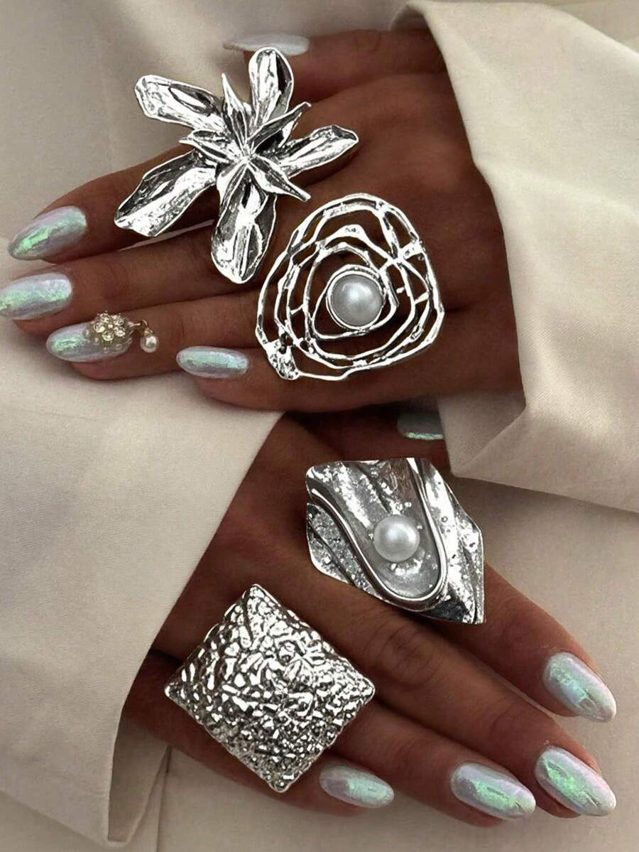 4pcs Vintage Fashion Exaggerated Metallic Geometric Wavy Crinkle Faux Pearl Rings, Unique Sweet Punk Asymmetrical Ellipse Alloy Wrapped Open Ring, Suitable For Women Holiday Party Date Daily Match Gift - 銀色 - 查看 1