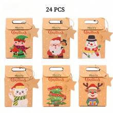 6/24Pcs Merry Christmas Gift Box With Tag 6 Patterns Kraft Paper Candy Packing Santa Snowman Bag 2025 Xmas Party Decorations Home Decor New Year 2026