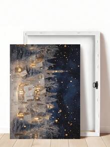 1pc Vintage Christmas Wall Art Christmas Snow Landscape Village Night Stars Poster Canvas Prints Painting Modern Winter Home Decoration, Ice Skating Oil Painting Horizontal Print Winter Night Canvas Wall Art Mountain Village Decor Christmas Decorations Room Decor