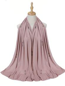 1件装女士针织弹力罗纹面料水钻珍珠穆斯林头巾围巾，适合搭配连衣裙 - 彩色 - 查看 10