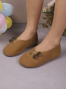 2025秋冬开学季软皮平底休闲乐福鞋，秋季儿童简约时尚一脚蹬平底鞋 - 棕色 - 查看 2