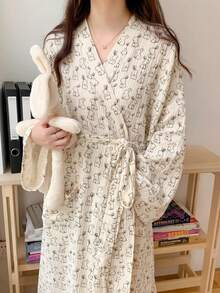 1pc Women Robe House Dress Long Sleeve Sleepwear, Minimalist European Style Spring Autumn Petite Plus Size Thin Solid Color Bathrobes Loungewear