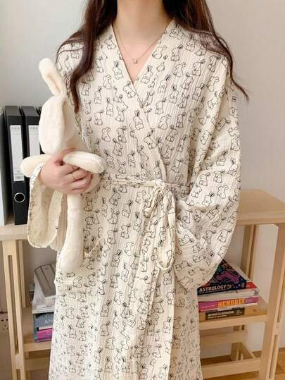 1pc Women Robe House Dress Long Sleeve Sleepwear, Minimalist European Style Spring Autumn Petite Plus Size Thin Solid Color Bathrobes Loungewear