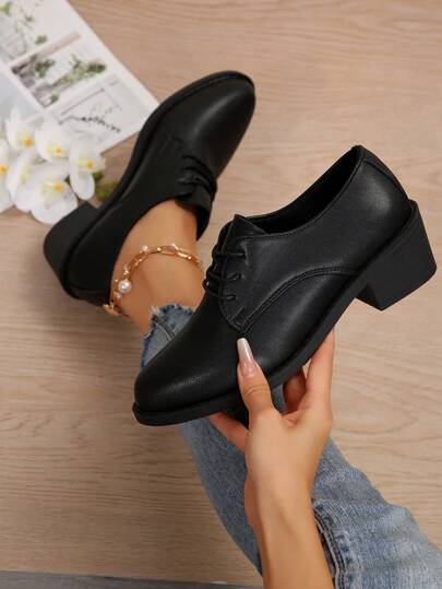 Foot Flair Women's Pointed Toe Lace-Up Oxford Flats, Matte Vintage Style PU Leather High Heel Oxfords, Black British Work Shoes, Spring/Fall Plus Size