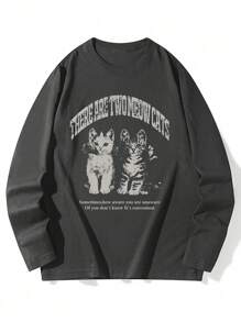 女士宽松棉质字母猫咪印花长袖T恤，百搭春秋两季