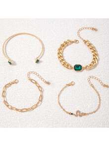 4 Piece Set Green Rhinestone Snake Bracelet Ladies Bracelet - Vàng - Xem 2