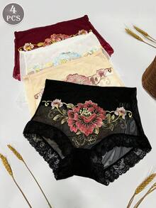 4 Pcs Women's Traceless Sexy Lace Embroidered Flower Mesh High Waist Semi-Perspective Triangle Panties