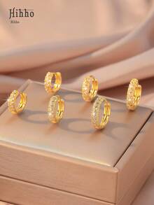 Hihho Bộ 3 đôi khuyên tai tròn đính đá Zirconia dành cho nữ, khuyên tai kẹp tròn nhẹ thời trang, phù hợp cho trang phục hàng ngày, thường ngày, thể thao - Vàng - Xem 3