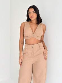 Thick Strap Top And Wide Leg Linen Pants Set - Beis - Ver 4