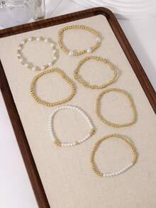 7 件时尚 CCB 金色串珠仿珍珠多层弹性手链套装，可叠戴女士手链，适合日常、度假、派对佩戴 - 彩色 - 查看 2