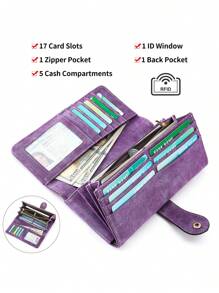 MIYIN Portefeuille vintage élégant pour femmes avec détail de couture, bouton décoratif, multiples fentes pour cartes, fenêtre porte-ID, en PU pliable rétro. Grand espace de rangement avec fermeture éclair. Cadeau idéal pour femmes au quotidien, business ou casual. Portefeuille long