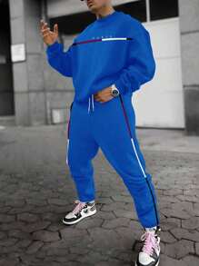 男士百搭圆领长袖运动衫和裤子套装，秋季服装 - 彩色 - 查看 1