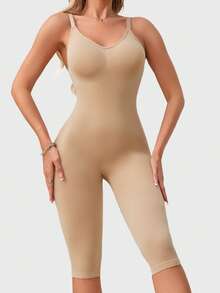 Seamless One-Piece Shapewear Bodysuit With 3/4 Leggings For Women - Khaki - View 3