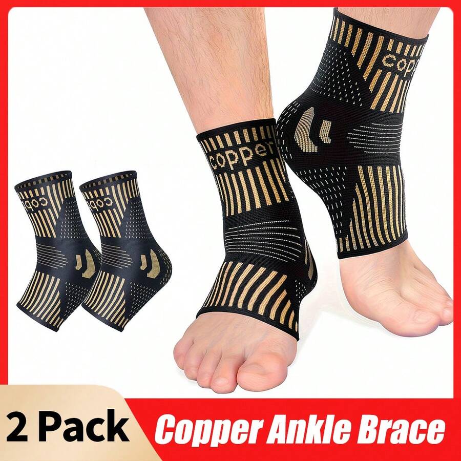 2-Pack Copper Ankle Support Sleeves For Men & Women - Compression Relief For Sprains, Achilles Tendonitis & Sports Injuries - Breathable, Moisture-Wicking Fabric With Arch & Heel Stabilization - Ideal For Basketball, Soccer, Tennis, Running - 黑色 - 查看 1