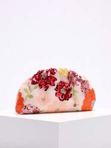 1pc Colorful PVC Sequin Flower Pattern Pink Linen Base Mesh Embroidery Ruffle Cloud Clutch Bag, Shiny Elegant Evening Bag For Casual, Holiday, Party Use (Flower Sequin Pattern Randomly Sent) - Pink - View 3
