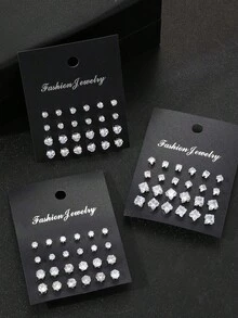 72pcs Geometric Round Heart Square Cubic Zriconia Sparkly Stud Earrings, Simple Punk Hip-Hop Style, Large Set For Parties, Holidays, Dates, Gifts And Daily Wear - Bạc - Xem 4