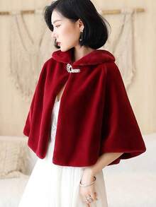 1 件简约百搭蓬松新娘披肩，时尚新款新娘婚礼披肩夹克，厚实保暖的外套配饰，冬季新娘礼物，女士温暖毛绒披肩秋装 - A - 查看 9