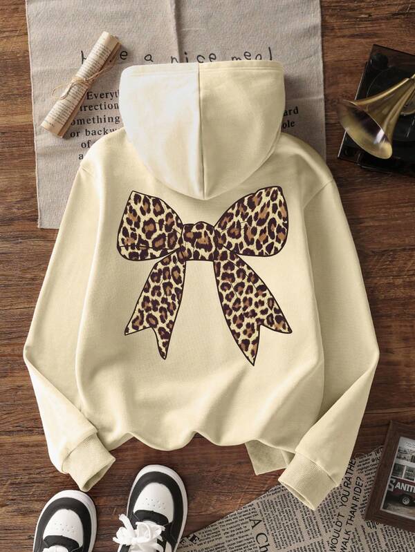 1pc Tween Girl Fleece Lined Leopard Print Bow Hoodie Sweatshirt, Warm Thick Long Sleeve Top For Young Students, Suitable For Autumn/Winter