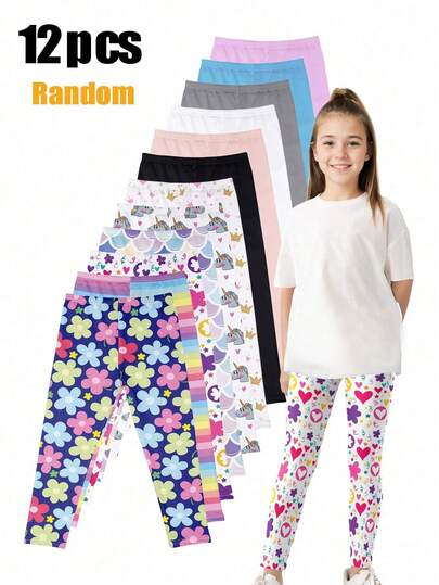 6/8/12件装女童高腰打底裤套装，超柔软弹力，印花和纯色组合，贴身紧身裤