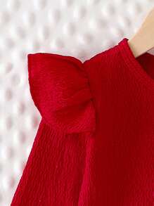 2pcs Baby Girl Casual Solid Color Ruffle Trim Long Sleeve Top And Butterfly Embroidered Elastic Waist Denim Pants Outfit, Spring/Autumn