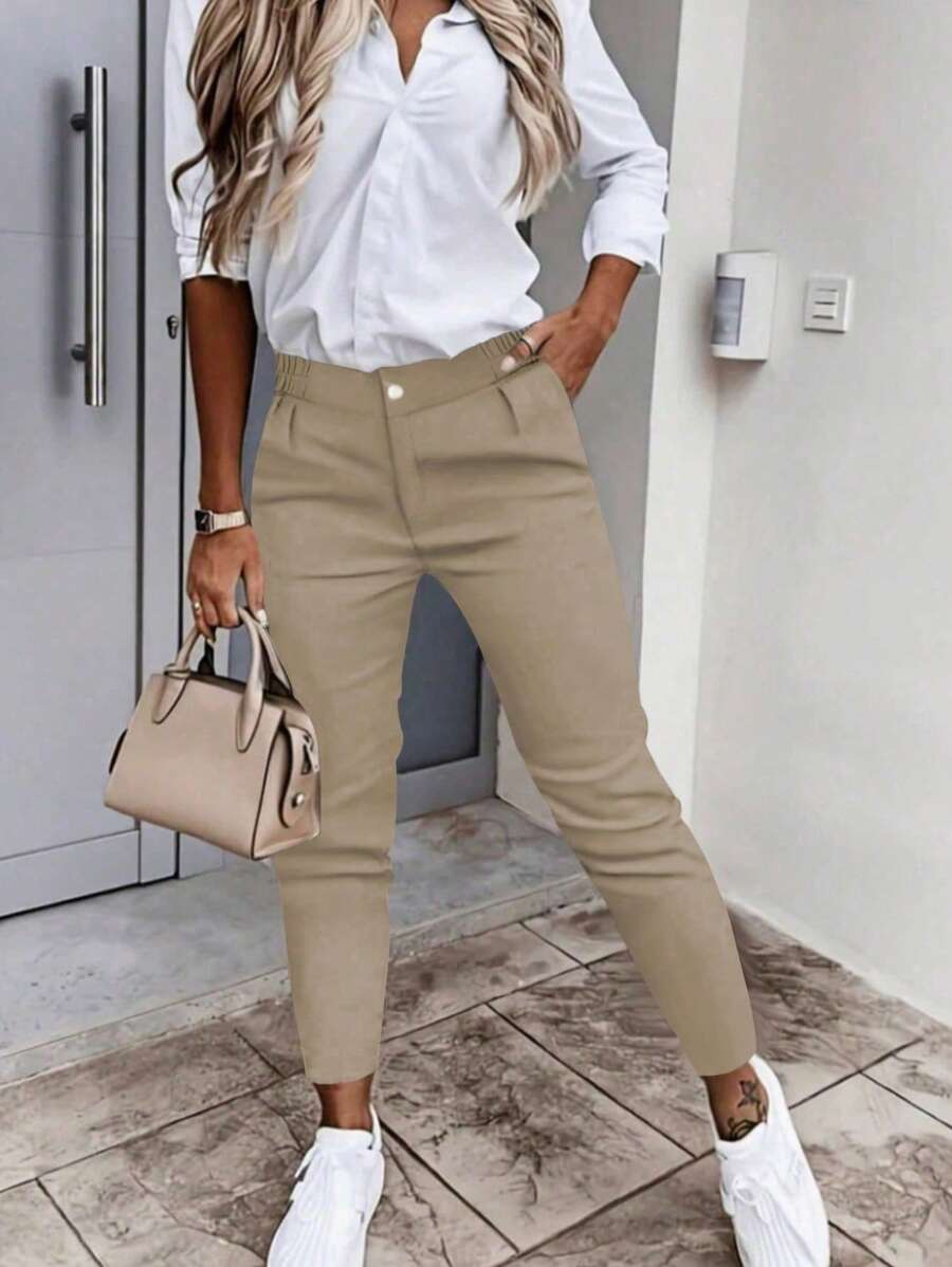Women's Trousers, Solid Color Stretchy 9-Inch Pants, With Pockets, Zipper And Button Closure, Casual And Business Style Long Pants.