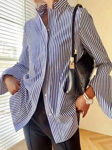 Women's Fashionable Commuter Loose Striped Long Sleeve Shirt Spring - Blue - View 1