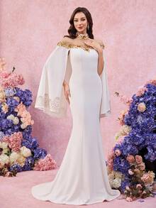 UNITHORSE UNITHORSE Women's Stand Collar Floating Piece Sleeve Appliques Slim-Fitting Knit Burlap Evening Dress