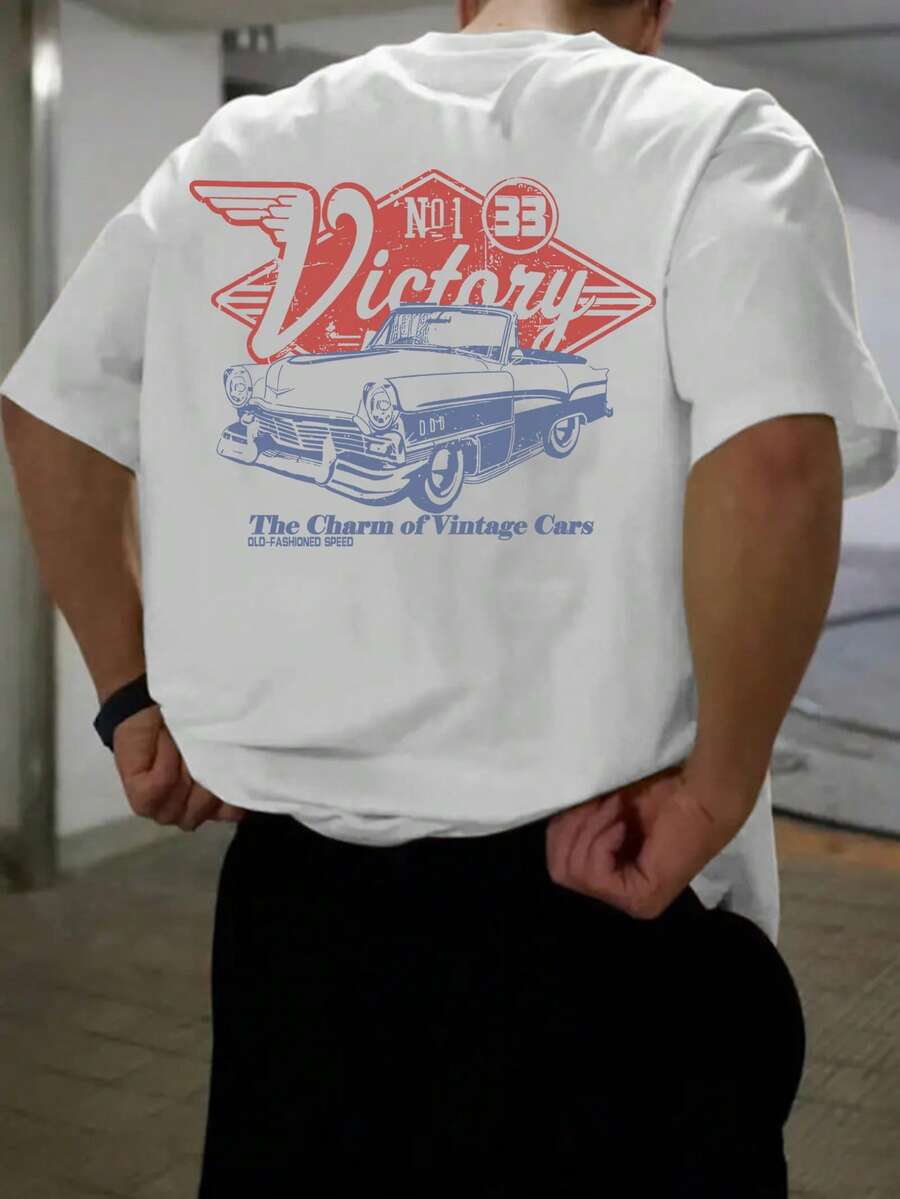 Men's Retro Car Element Printed Short Sleeve T-Shirt, Comfortable & Breathable, Suitable For Summer Wear, Lead The Fashion