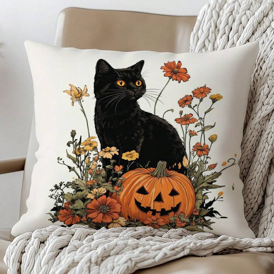 1pc Halloween Black Cat & Pumpkin Illustration Cushion Cover, Soft Peach Velvet Material, 45*45CM Pillow Case Suitable For Room Decor, Indoor Living Room Sofa Decor, Party Decoration, Decorative Pillow Cover Gift