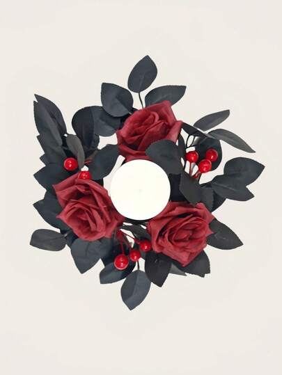 1 قطعة إكليل شمعة وردي، مع أوراق وردة اصطناعية سوداء، كرمات زخرفية معلقة على الباب، وديكورات إضفاء الجو المنزلي، ديكورات عيد الميلاد، ديكورات غرفة، عيد الميلاد والشتاء
