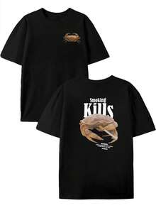 Crab Smoking Graphic Tee  , Men's Double-Sided Printed Fashionable Casual Crew Neck 220gsm Pure Cotton T-Shirt(1 PC) - Black - View 3