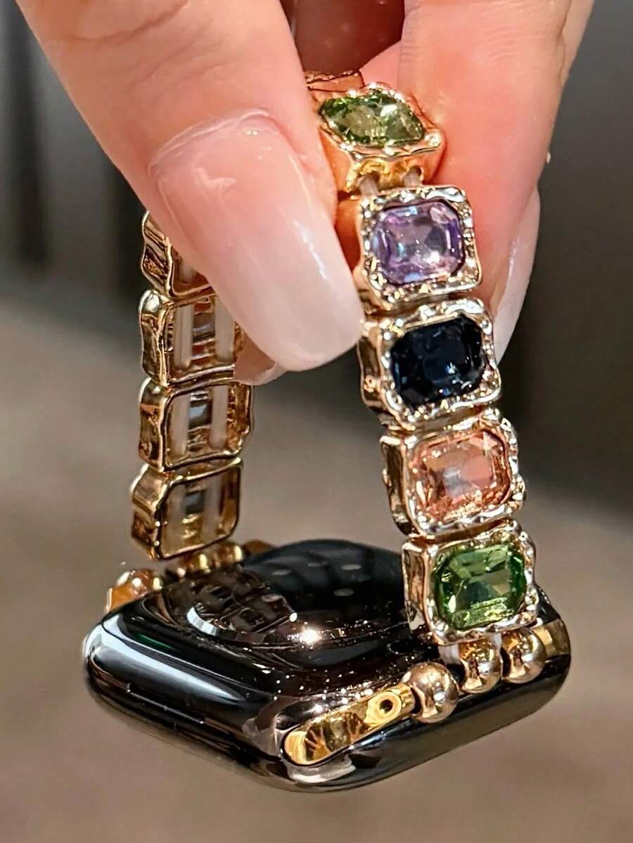 1pc Compatible With Apple Watch Band, Women's Fashion Colorful Square Glass Diamond Metal Elastic Cord Strap, Compatible With Apple Watch 38/40/41/42/44/45/46/49mm, Compatible With Apple Watch Ultra/SE/10/9/8/7/6/5/4/3/2/1 Series, Lightweight And Stylish, Suitable For Daily Life And Summer Beach Wear