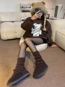 1pair Ladies' Vertical High-Top Fashionable And Simple Knee-Length Leg Warmers, Women's Leg Warmers, Cozy - Coffee Brown - View 2