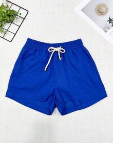 Women's Short Linen Shorts With Elastic Waistband - Navy Blue - View 1