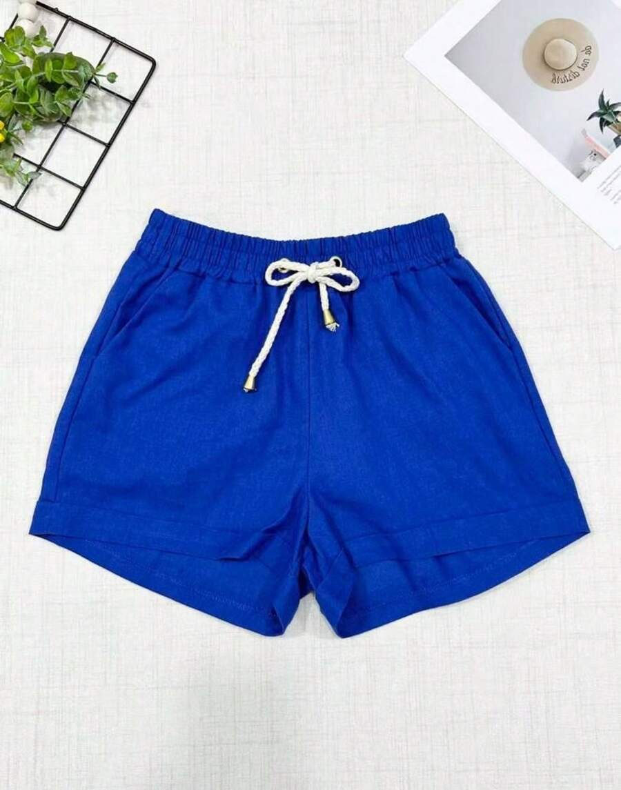 Women's Short Linen Shorts With Elastic Waistband - Navy Blue - View 1