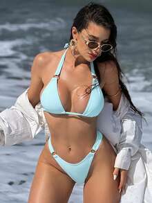 Women's Sexy Red Micro Bikini Set - Sky Blue - View 5