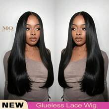 34 英寸无胶蕾丝前假发，巴西原生发，200% 密度直发蕾丝前假发，含婴儿头发，自然黑色混合真人发，预拔，预剪，高清蕾丝闭合假发，混合真人发，无胶，可戴可戴，200% 密度蕾丝前假发，含婴儿头发 - 自然色&黑色系 - 查看 2