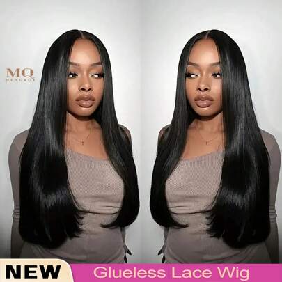 34 英寸无胶蕾丝前假发，巴西原生发，200% 密度直发蕾丝前假发，含婴儿头发，自然黑色混合真人发，预拔，预剪，高清蕾丝闭合假发，混合真人发，无胶，可戴可戴，200% 密度蕾丝前假发，含婴儿头发