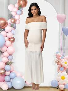 JustVH 孕妇露肩连衣裙，网纱领口，鱼尾裙摆，适合迎婴派对，优雅弹力连衣裙，女士摄影服装 - 杏色 - 查看 7