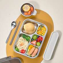 1pc 1000ML 304 Stainless Steel Divided Lunch Box With Transparent Lid, 4/5-Compartment Dinner Plate With Cute Pattern, Kitchen Tableware, Durable Leak-Proof Multi-Partition Food Plate, Suitable For Adults & Students Use In School, Office, Canteen, Dishwasher