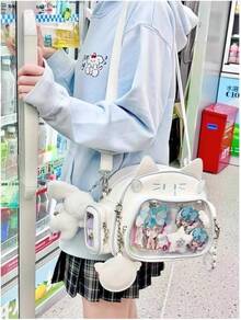 White Ita Bag For Pins, Cute Cat Design Backpack, Convertible Single Shoulder Or Crossbody Bag For School, Y2K Preppy Aesthetic - Túi trắng - Xem 5