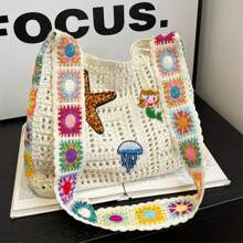 Marine Life Pattern Vintage Hollow Tote Bag, Large Capacity, Starfish & Mermaid Embroidery, Sequin, Shiny Mesh, Knitted Hollow Summer Beach Bag, Shoulder Strap, Women Casual Crochet Handbag, Y2K Shoulder Bag, Suitable For Beach, Holiday, Travel, Gift For Her