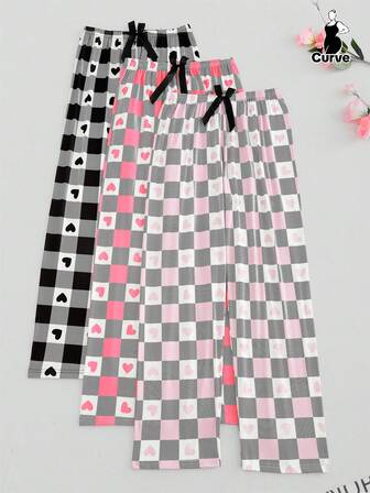 3pcs Plus Size Women's Casual Lounge Pants, Plaid & Floral Print Stretchy Knit Fabric Pants, Comfortable For Lounging & Outdoor Wear, Fall Clothes, Cozy, Winter