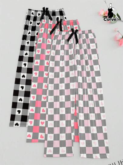 3pcs Plus Size Women's Casual Lounge Pants, Plaid & Floral Print Stretchy Knit Fabric Pants, Comfortable For Lounging & Outdoor Wear, Fall Clothes, Cozy, Winter