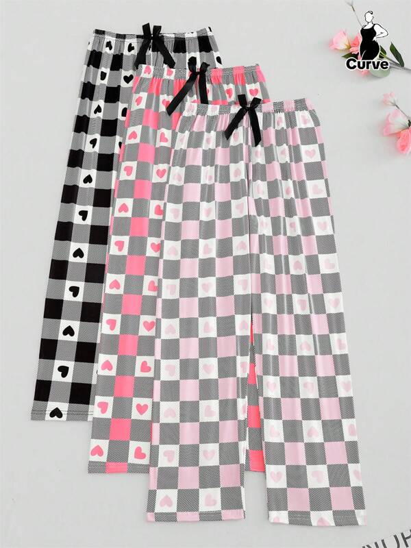 3 pezzi Pantaloni casual da donna taglie forti, pantaloni in tessuto maglia elasticizzato con stampa a quadri e floreale, comodi per il relax e l'uso all'aperto, abbigliamento autunnale, caldi e confortevoli, invernali