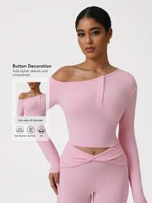 Sodalemon Women Slanted Shoulder Training Yoga Top Clothing 1 PC Long Sleeve Button Fitness Elastic Solid Color Workout Fitness T-Shirt - Pink - View 3