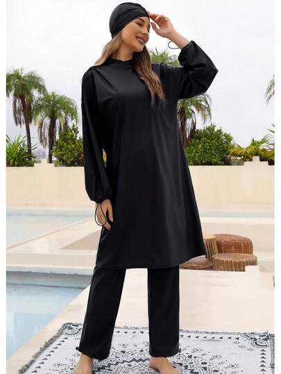VFJ Women's Burkini Swimwear, Modest Islamic Style, Long Sleeve Full Coverage 3 Pieces Set With Swim Cap Vacation Beach Black Summer