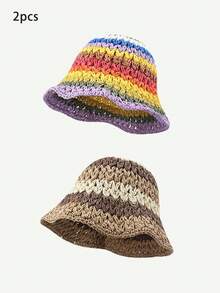 1pc Women Color Block Striped Straw Bucket Hat For Beach ,Color Random ,Suitable For Daily Wear And Summer Outings And Vacation For Sun Protection Boho - Rainbow - View 29