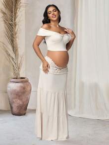 JustVH Maternity Off Shoulder Ruched Twist Fron Crop Top & Ruffles Skirt 2-Pieces-Set For Photoshoot, Baby Shower - Beige - View 4